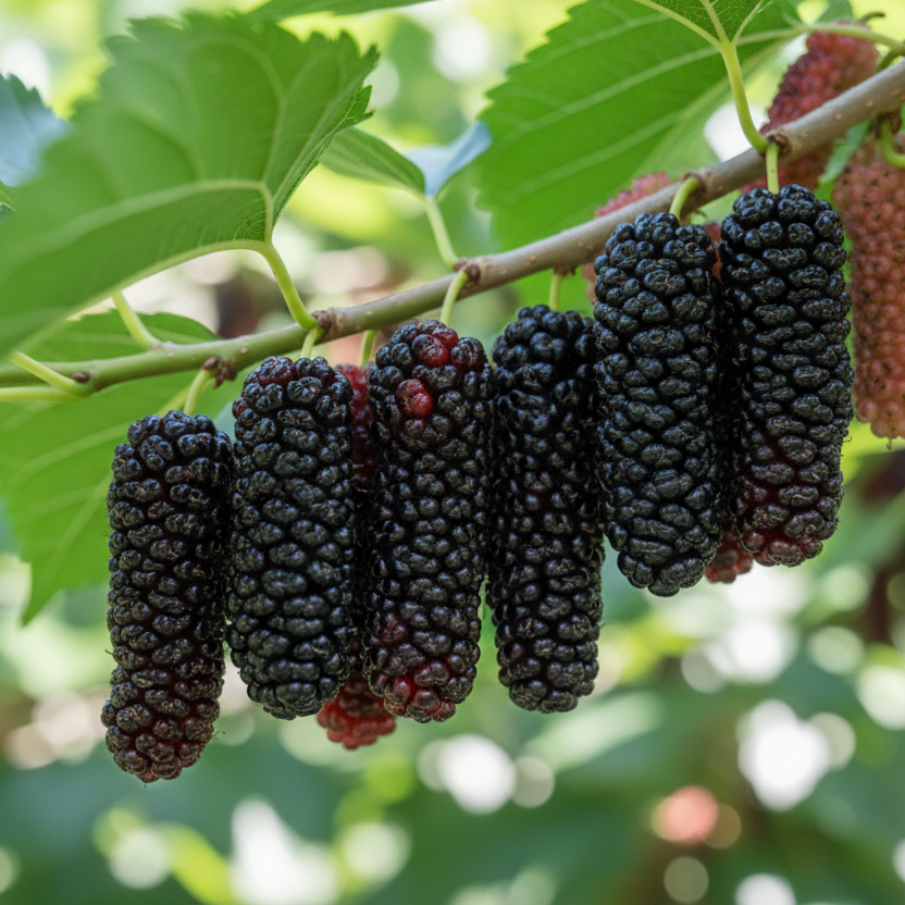 Long dark purple fruit growing on a Pakistan Mulberry tree