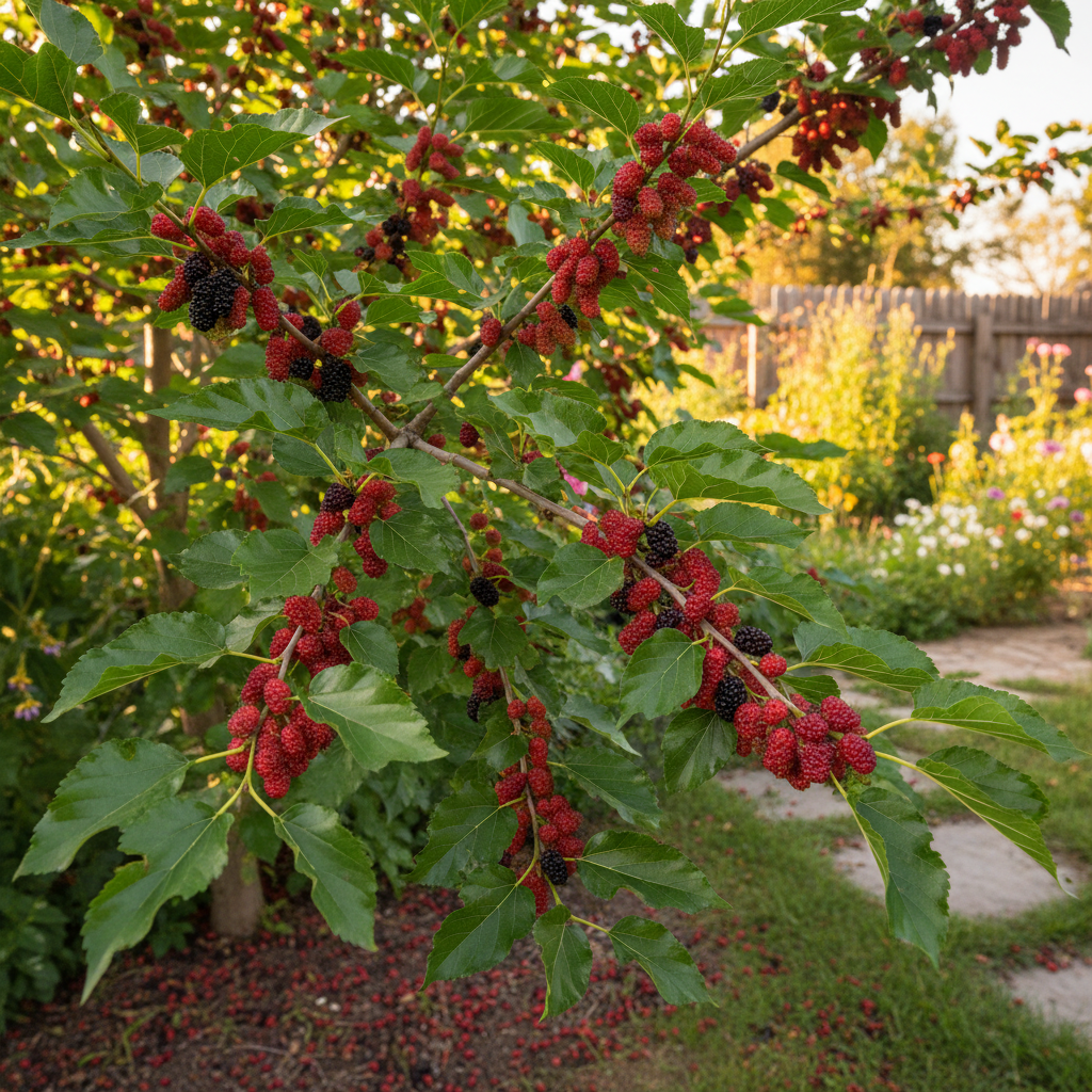 Red Everbearing Mulberry tree with ripening red and dark-purple fruit