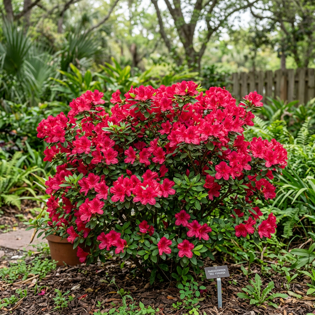 Red Formosa Azalea with vivid red flowers and dark green evergreen foliage