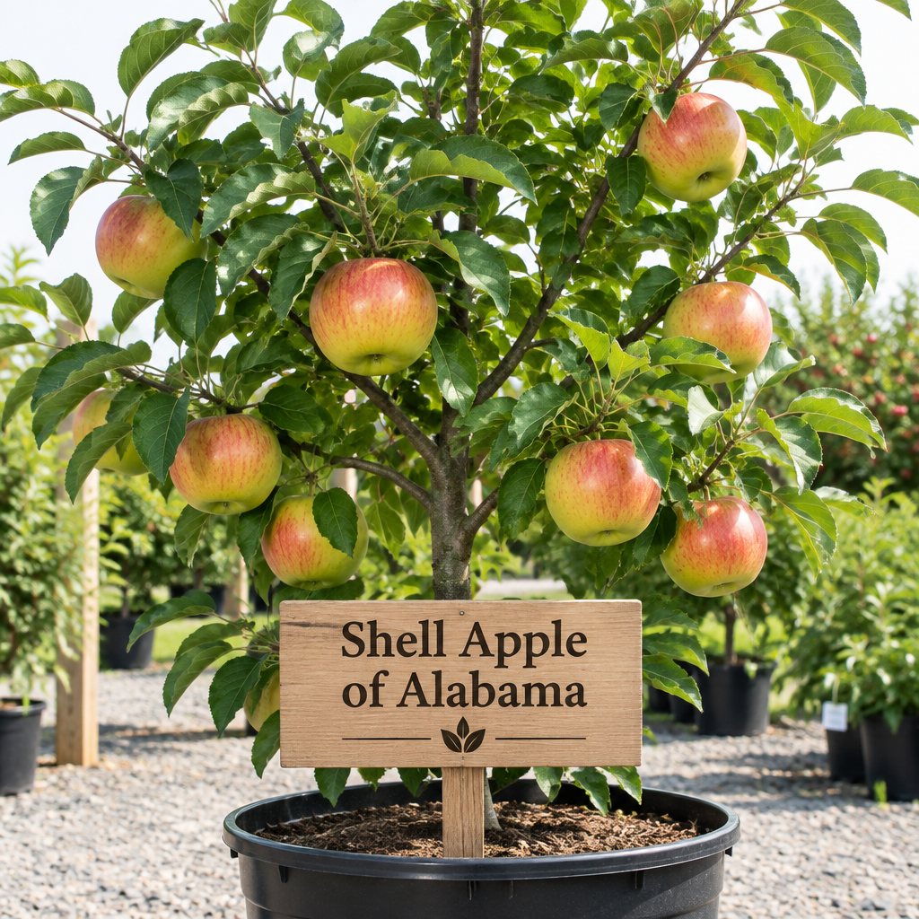 Ripe Shell apples growing among green leaves on an apple tree.