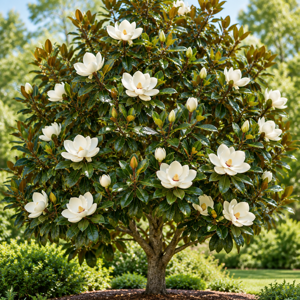 Southern Magnolia tree with glossy evergreen leaves and a large white flower