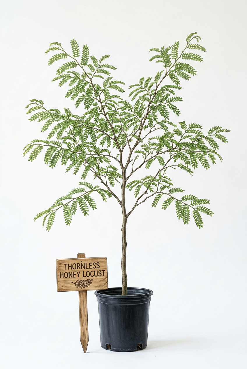 Thornless Honey Locust tree with fine-textured green foliage at Advanced Nursery Growers in DeFuniak Springs, Florida