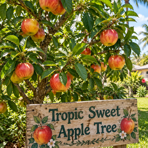TropicSweet apples growing among green leaves on an apple tree.