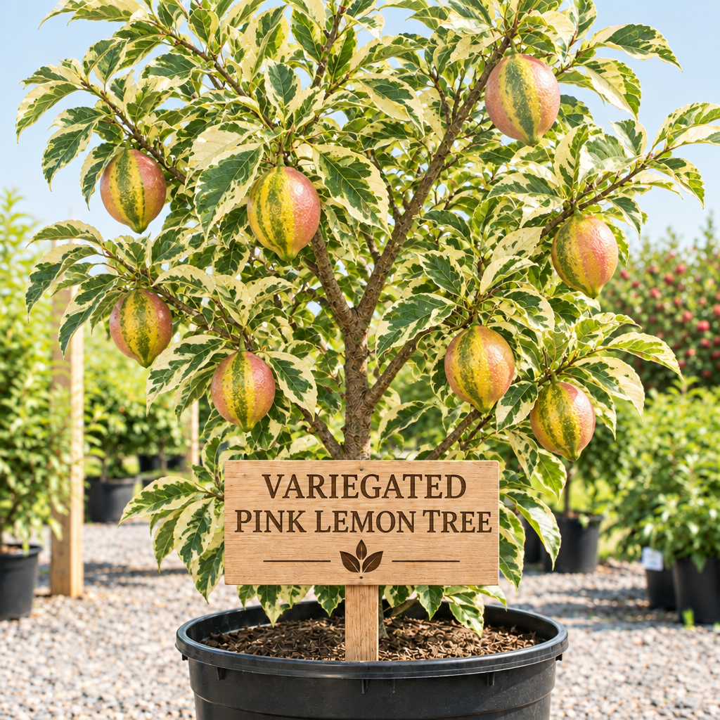 Variegated Pink Lemon Tree with variegated leaves and wooden sign