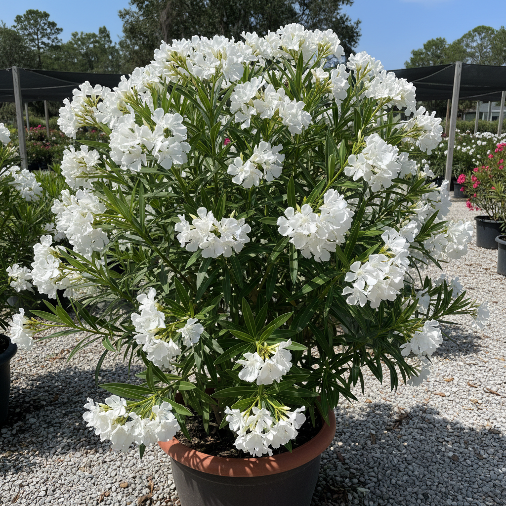 White Oleander Nerium oleander white flowering evergreen shrub for sale in North Florida at Advanced Nursery Growers.