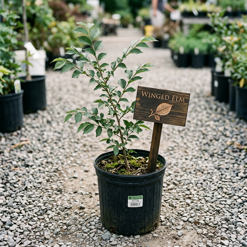 Native Winged Elm tree with corky ridges on its branches at Advanced Nursery Growers in DeFuniak Springs, Florida